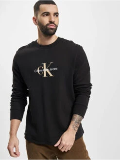 Calvin Klein Herren Longsleeve Archival Monologo Waffle In Schwarz